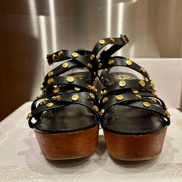 Tory Burch Women's Black Leather Studded Wedge Sandals - Picture 7 of 12